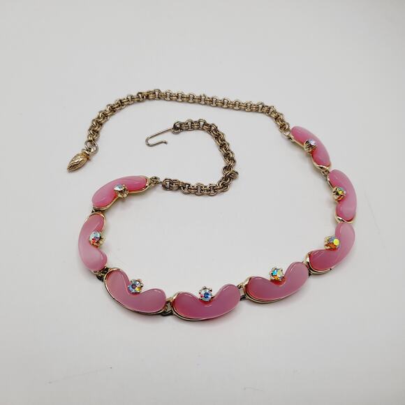 Vintage 1950s Pink Moon Glow Choker Necklace Gold Plated AB Rhinestones 17” - Picture 6 of 9
